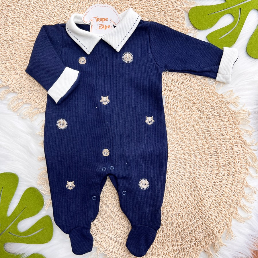 Macacão Tricotil (Tricot 100% Algodão) com Gola e Bordado - Azul Marinho Safari